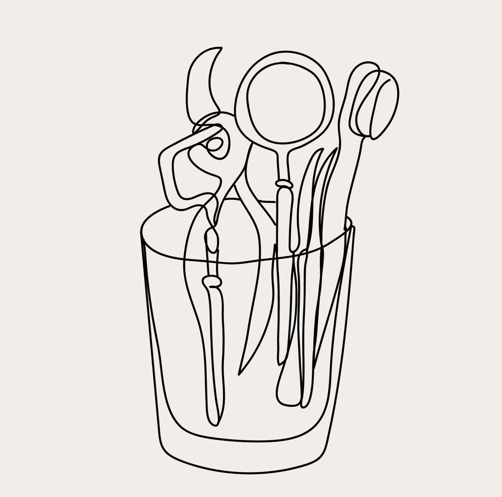 Minimalist Dentist Line Art, Dental Instruments, Oral Outline Drawing, Simple Sketch, Vector