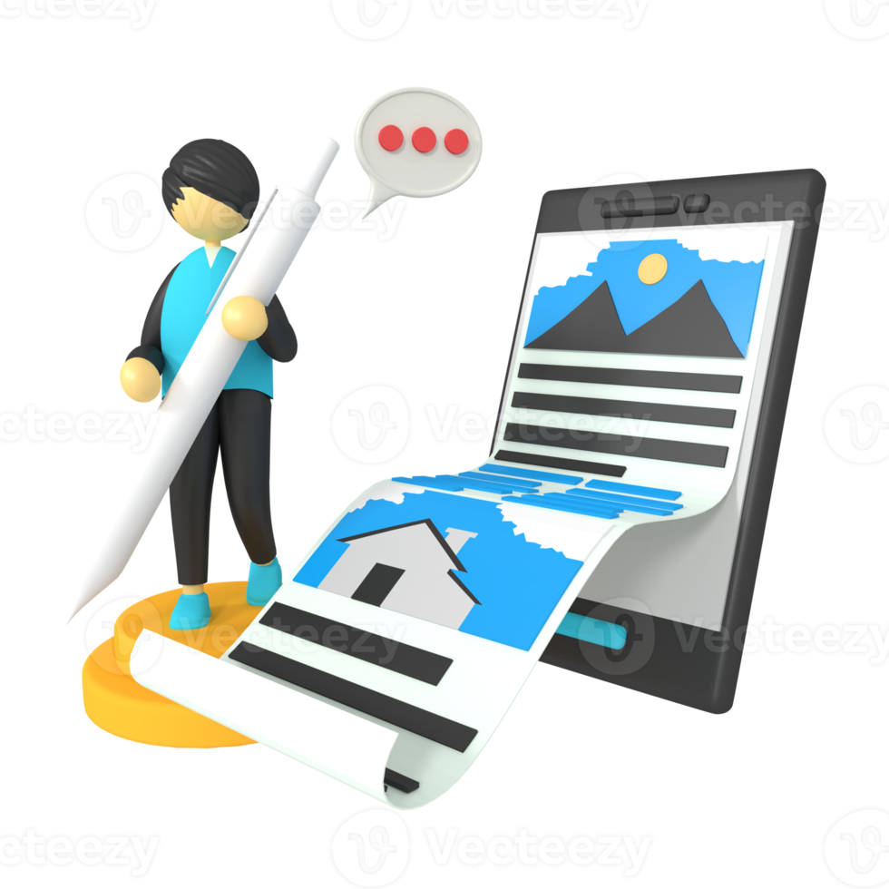 3d illustration of a male designer holding a stylus pen png