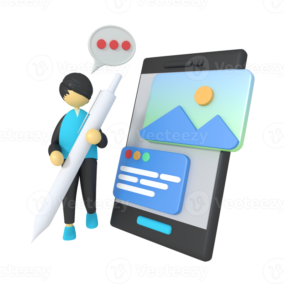 3d illustration of a male designer holding a stylus pen png