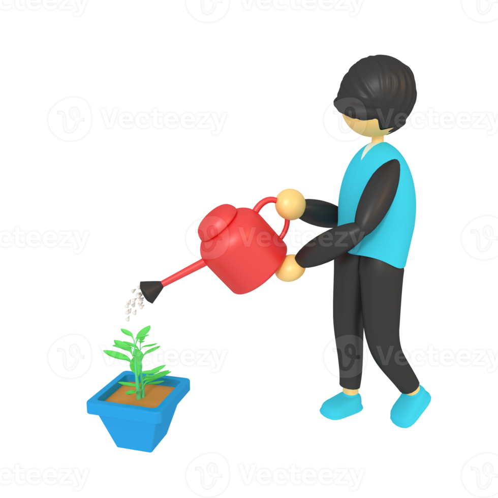 3d illustration of a boy watering a plant in a pot png