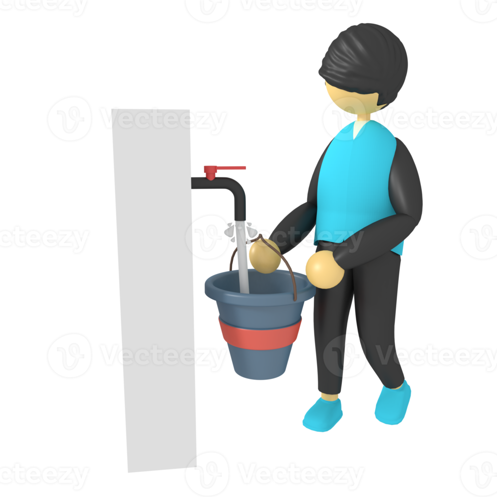 3d illustration of a man filling water in a bucket png