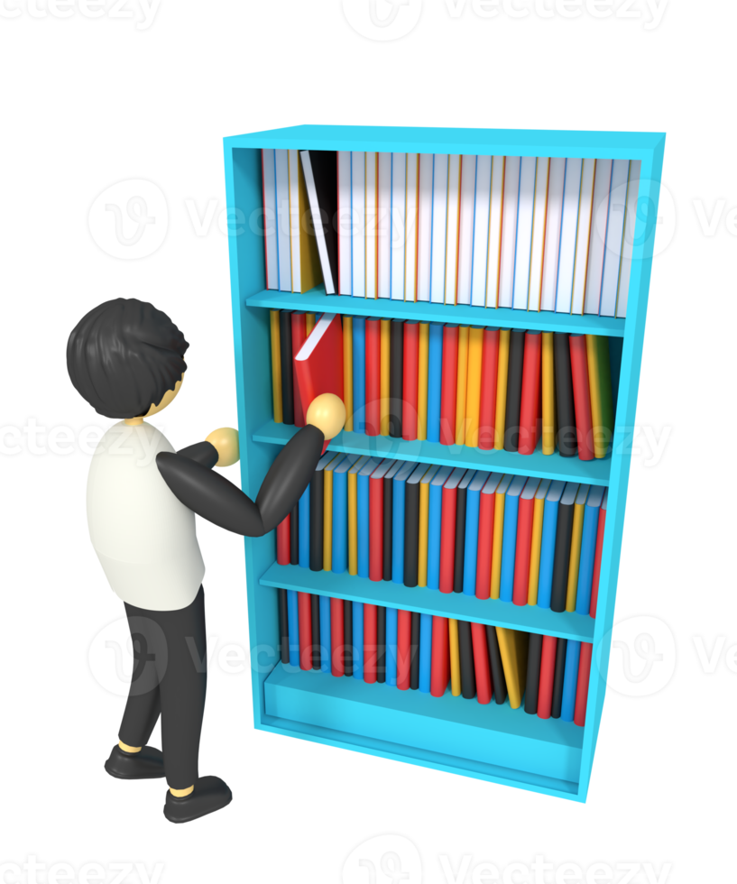 3d illustration of a man picking up a book on a shelf png