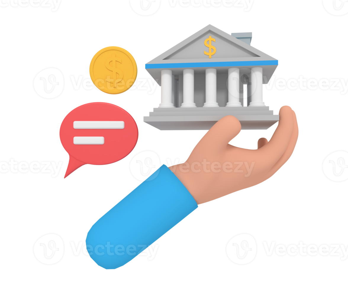 3d illustration of a hand holding a bank building miniature png