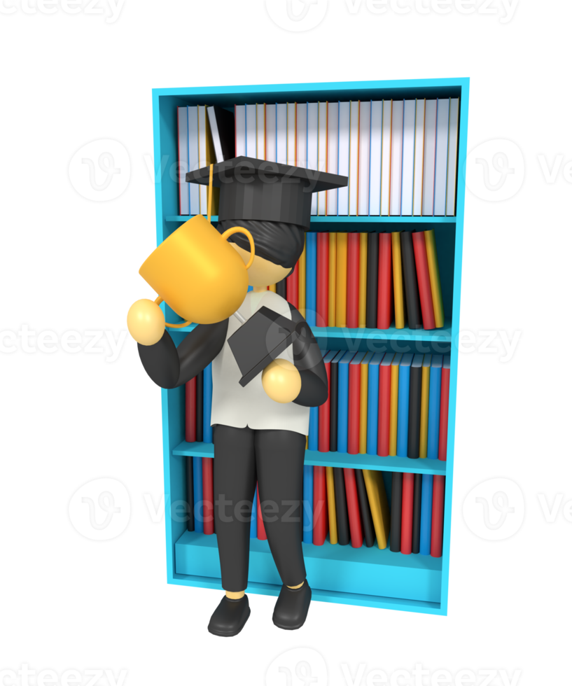 3d illustration of a man holding a trophy in front of a bookshelf png