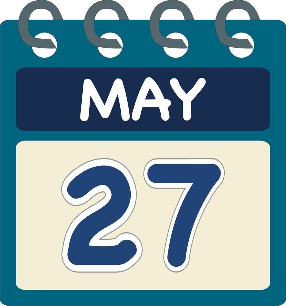 Flat icon calendar 27 of May. Date, day and month. Vector illustration . Blue teal green color banner. 27 May. 27th of May.