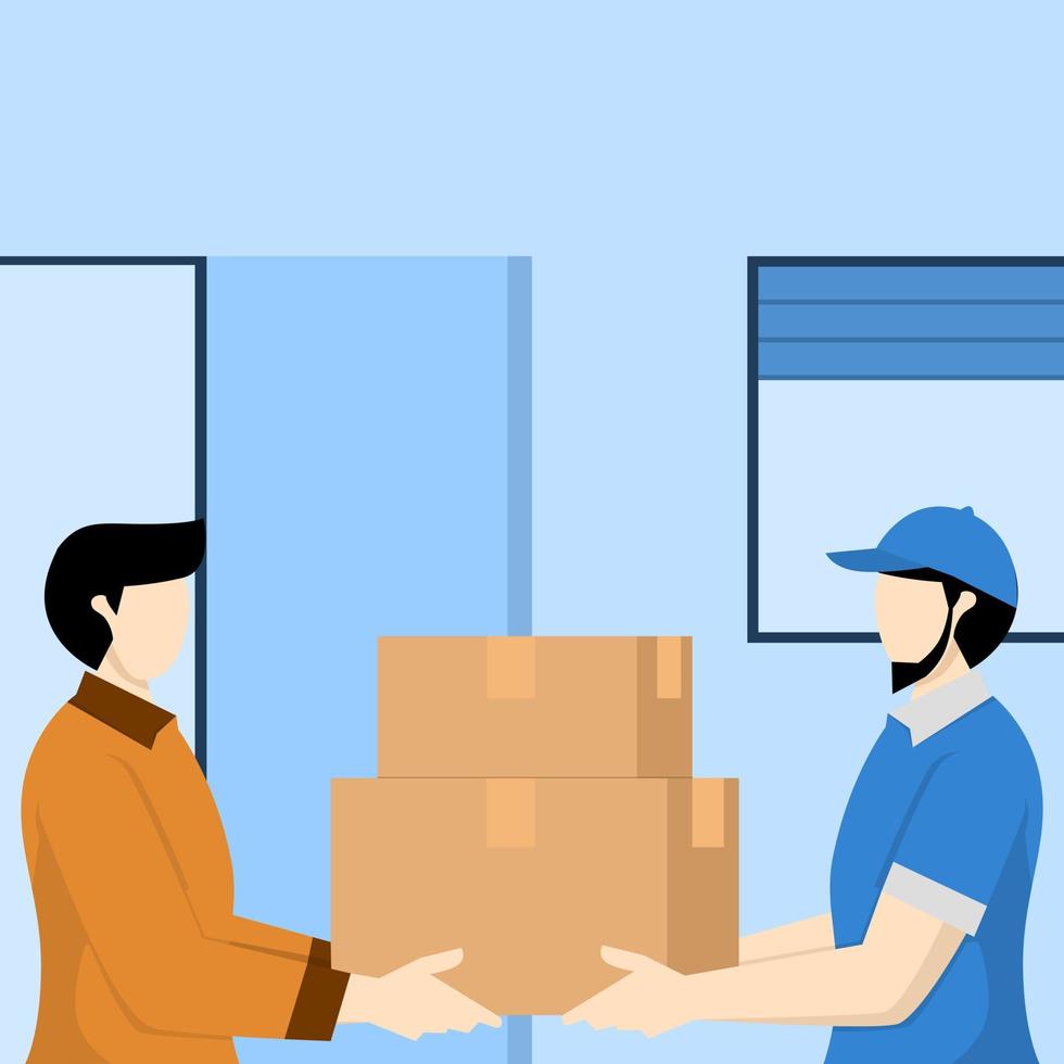 Delivery concept, Courier delivers orders delivered in boxes to customers. The person receiving the cardboard package. Delivery with parcel of goods from the postal service. Flat vector illustration