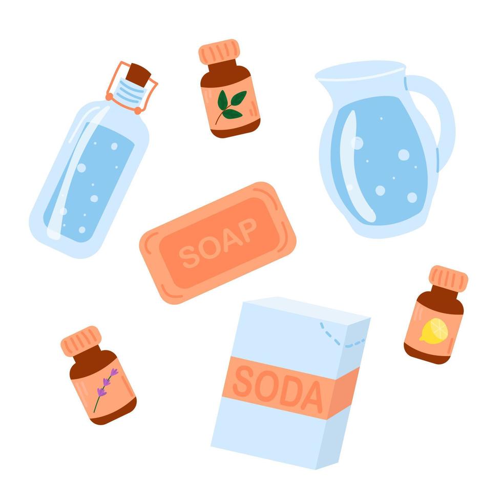 Set of clipart elements on the theme of eco-friendly cleaning. Economical detergents - vinegar, water, natural soap, essential oils, soda. vector