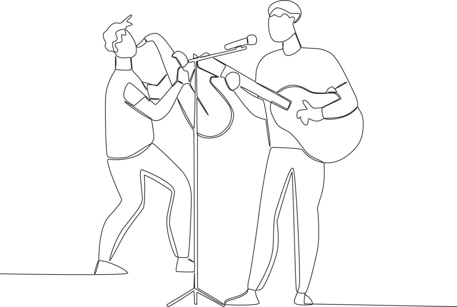 A man and his friend playing guitar and saxophone on stage vector