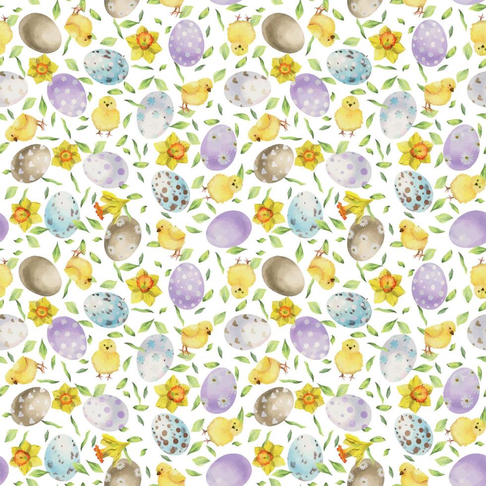 Watercolor hand drawn Easter celebration clipart. Seamless pattern with painted eggs, bows, flowers. Pastel color. Isolated on white background. For invitations, gifts, greeting cards, print, textile vector