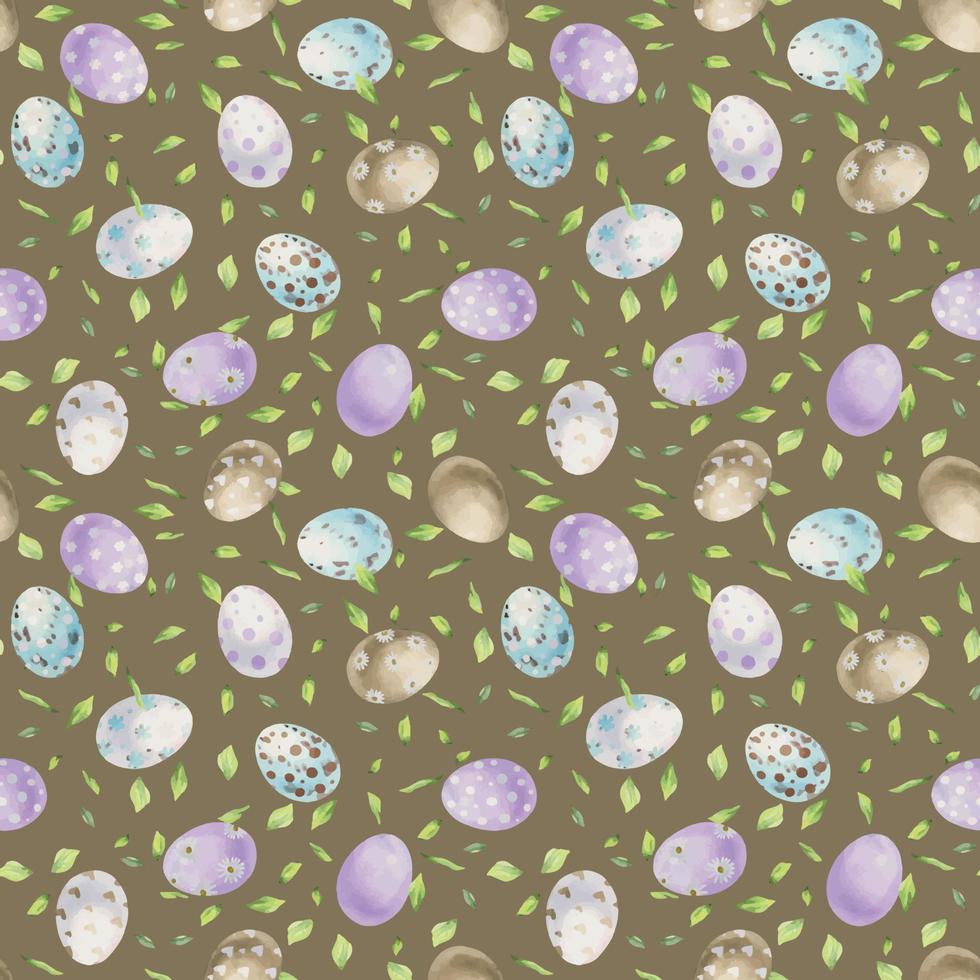 Watercolor hand drawn Easter celebration clipart. Seamless pattern with painted eggs and leaves. Pastel. Isolated on color background. For invitations, gifts, greeting cards, print, textile vector