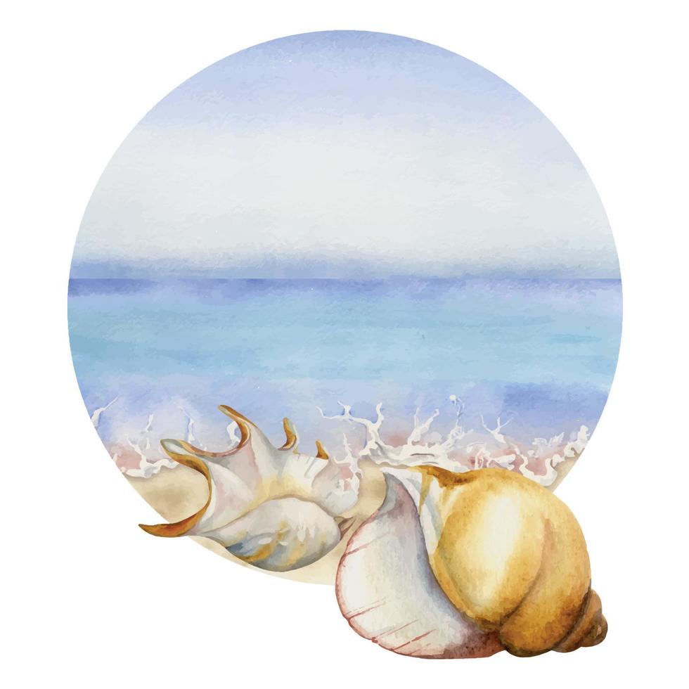 Hand drawn watercolor round composition. Seascape with beach, wave on sand, sea shells. Isolated on white background. Design wall art, wedding, print, fabric, cover, card, tourism, travel booklet. vector