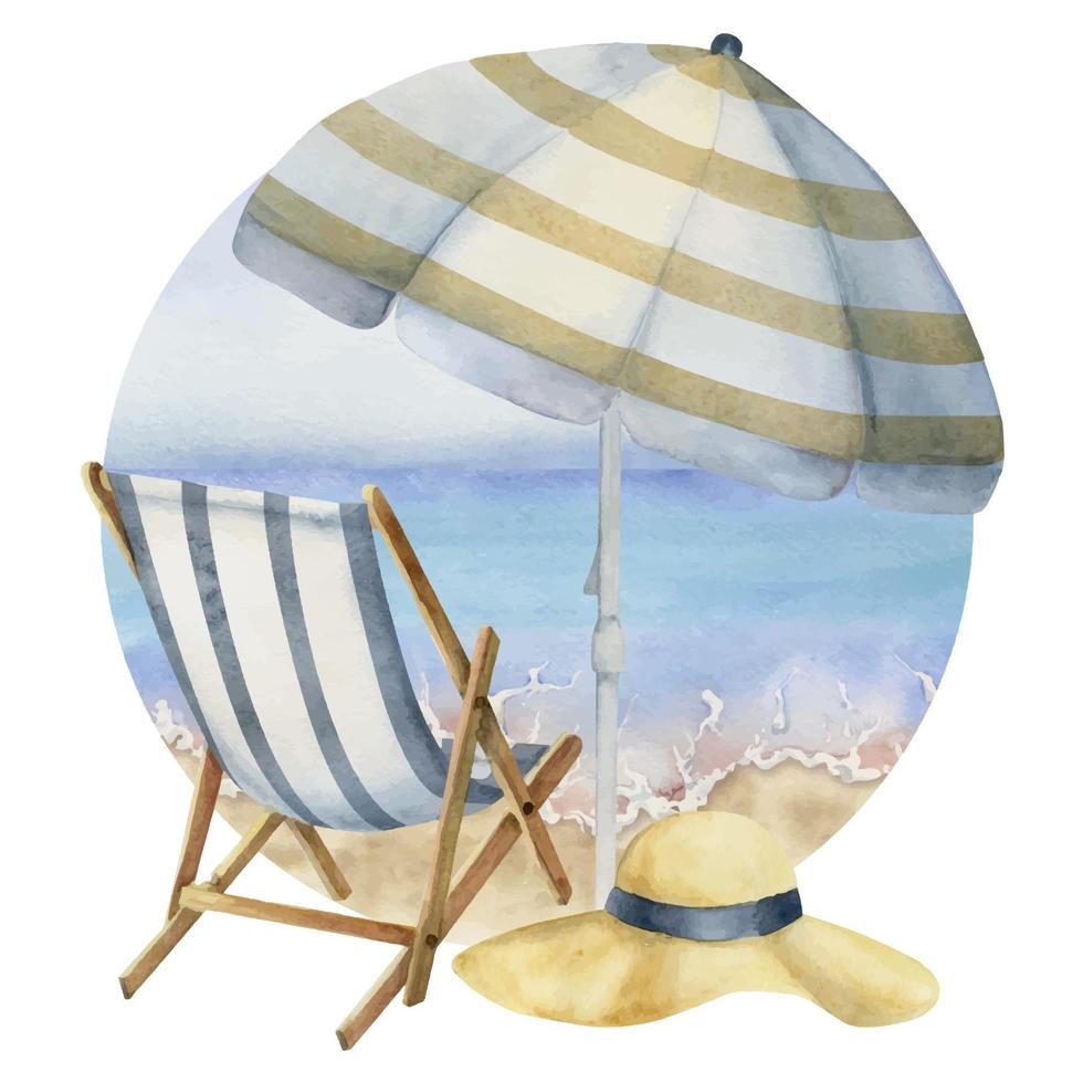 Hand drawn watercolor composition. Seascape with beach chair, striped umbrella and hat at shore. Isolated on white background. Wall art, wedding, print, fabric, cover, card, tourism, travel booklet. vector