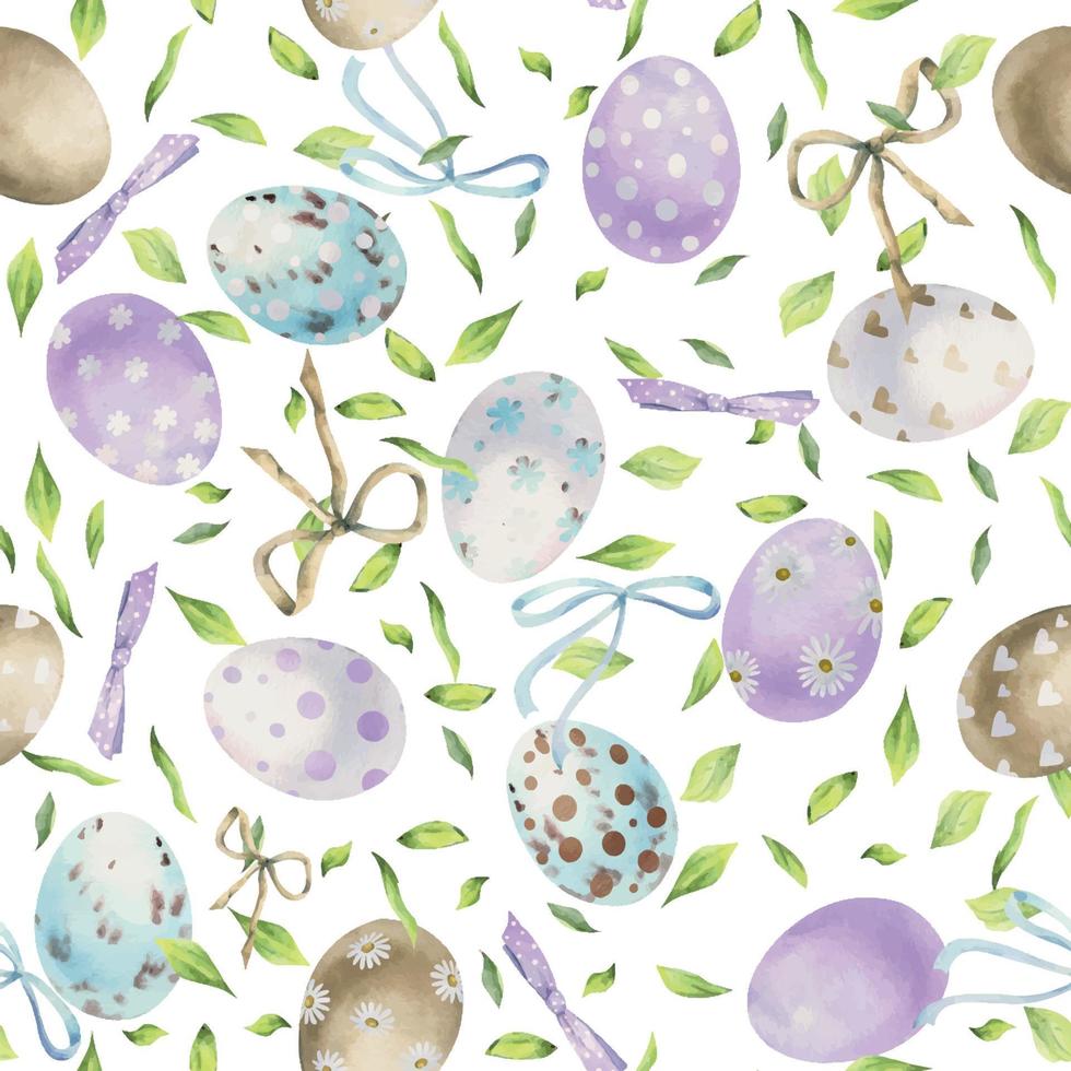 Watercolor hand drawn Easter celebration clipart. Seamless pattern with painted eggs and leaves. Pastel color. Isolated on white background. For invitations, gifts, greeting cards, print, textile vector