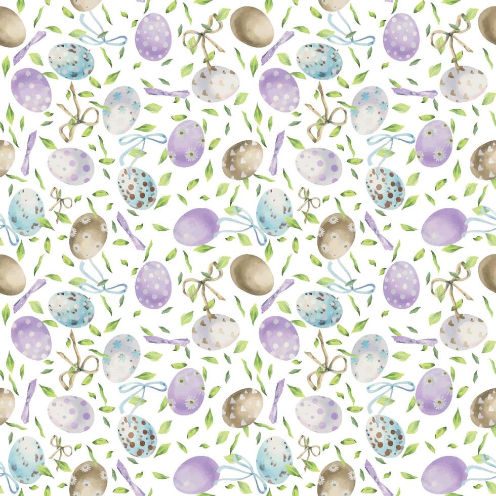 Watercolor hand drawn Easter celebration clipart. Seamless pattern with painted eggs and leaves. Pastel color. Isolated on white background. For invitations, gifts, greeting cards, print, textile vector
