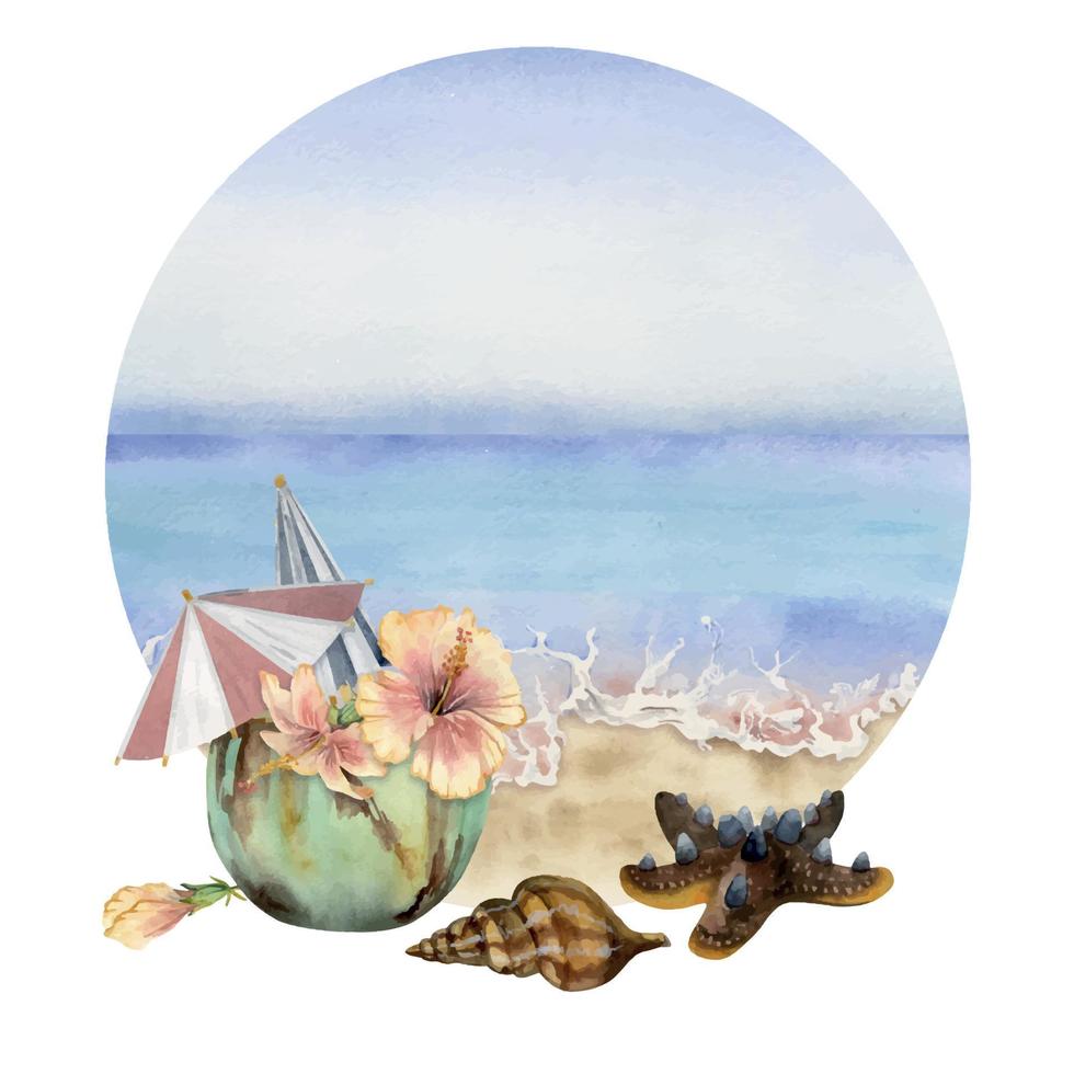 Hand drawn watercolor composition. Seascape with beach coconut cocktail, wave on sand, sea shells. Isolated on white background. Wall art, wedding, print, fabric, cover, card, tourism, travel booklet. vector