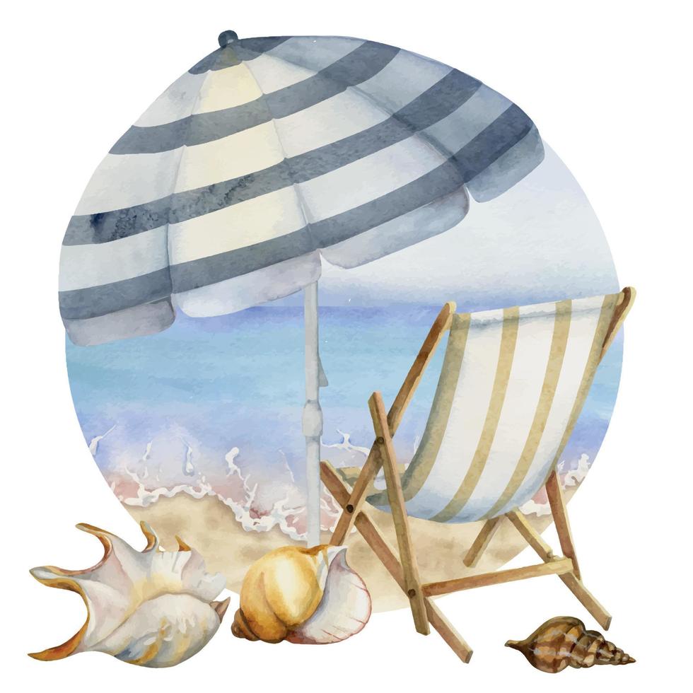 Hand drawn watercolor composition. Seascape with beach chair and umbrella, sea fish on sand. Isolated on white background. Design wall art, wedding, print, fabric, cover, card, tourism, travel booklet vector