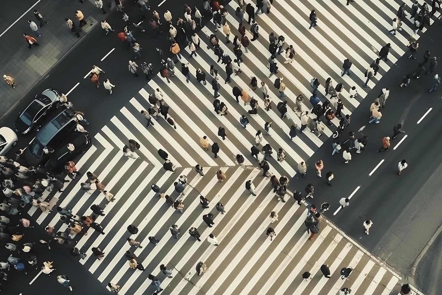 Aerial. People crowd on pedestrian crosswalk. Top view background. Toned image photo