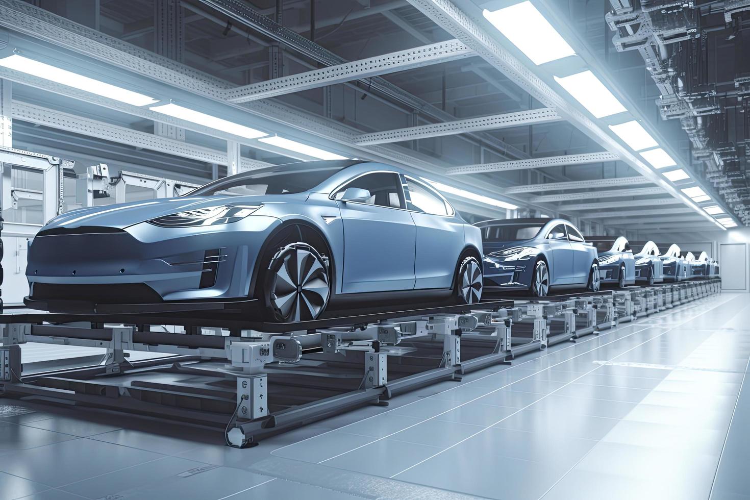 Automation automobile factory concept with 3d rendering robot assembly line with electric car battery cells module on platform photo