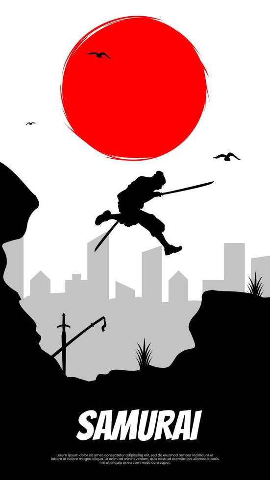 A silhouette of a man jumping over a cliff with a red moon behind him. urban samurai ran with two swords. samurai running to attack. samurai wallpaper for phone. vector