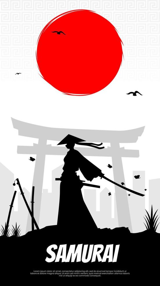 samurai con rojo Luna fondo de pantalla. un silueta de un samurai con un rojo Luna detrás él. japonés samurai guerrero con un espada. japonés tema fondo de pantalla para teléfono. vertical monitor antecedentes. vector