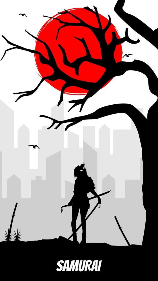 hembra urbano samurai en frente de un rojo Luna. japonés samurai guerrero con un espada. mujer samurai. japonés tema antecedentes para teléfono o vertical monitor. vector