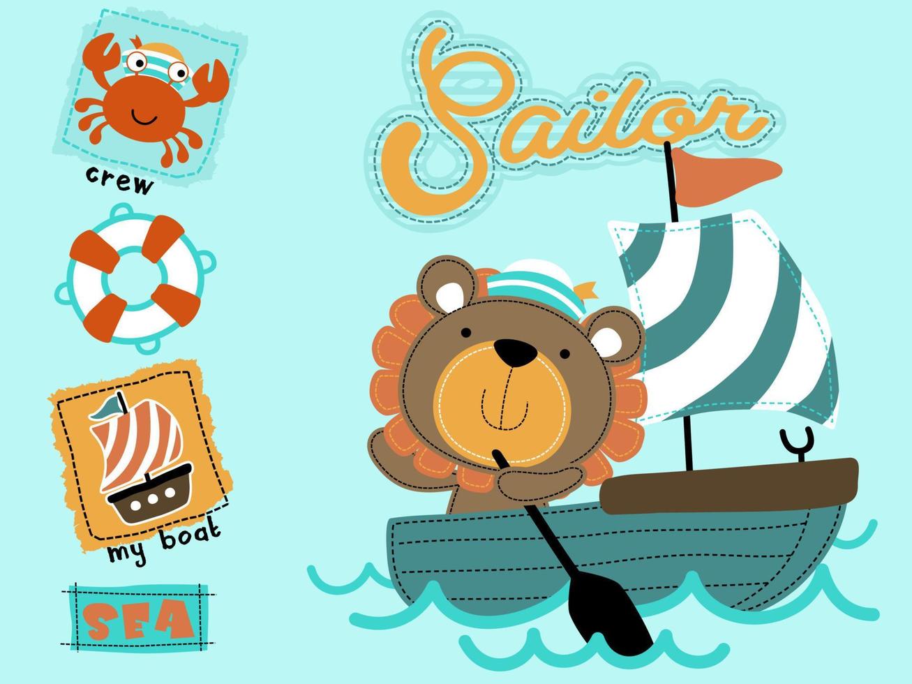 Cute lion cartoon on sailboat with little crab, sailing element illustration vector