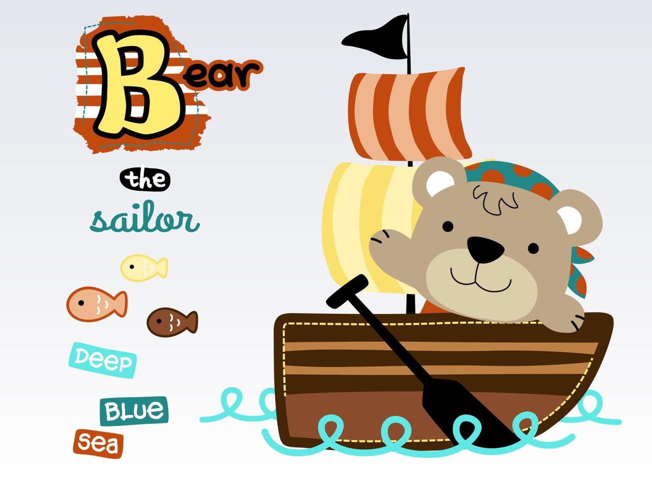 vector dibujos animados de gracioso oso en velero, con vistoso peces