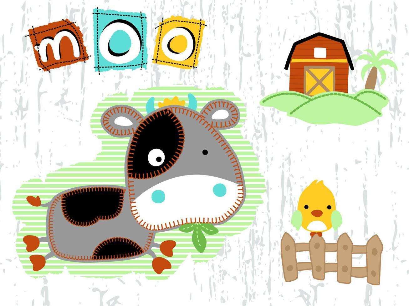 funny cow cartoon with little bird in farmyard vector