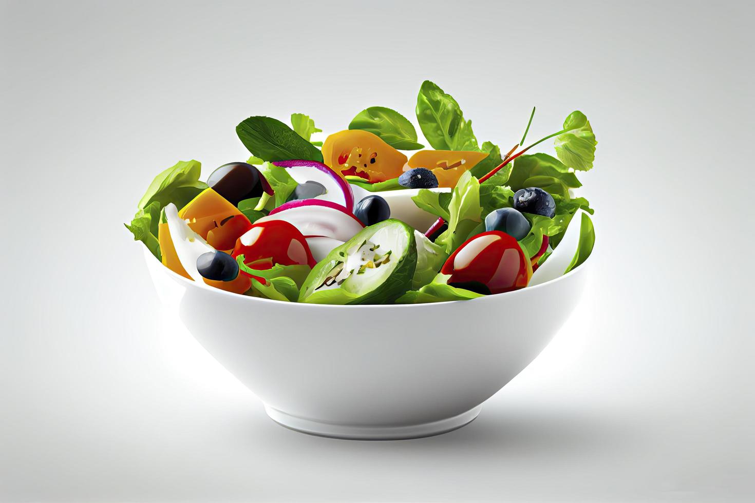 Salad In Bowl On Plate Against White Background photo