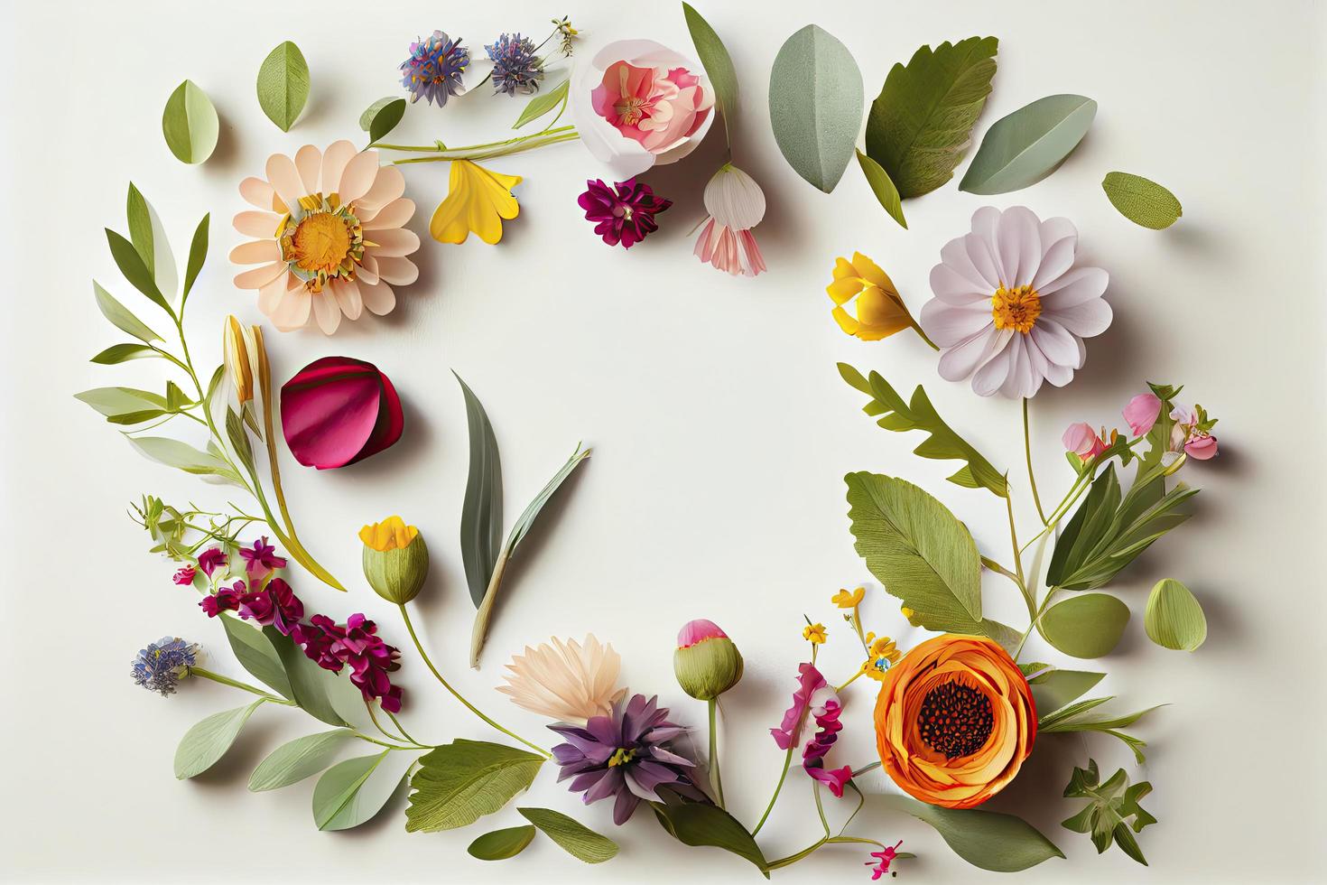 Flowers composition. Wreath made of various colorful flowers on white background photo