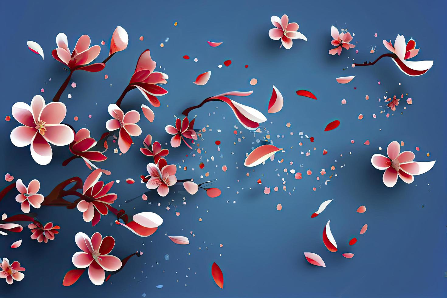 Flying petals on a blue background. Flowers and petals in the wind. Vector background with spring plum or cherry blossom photo