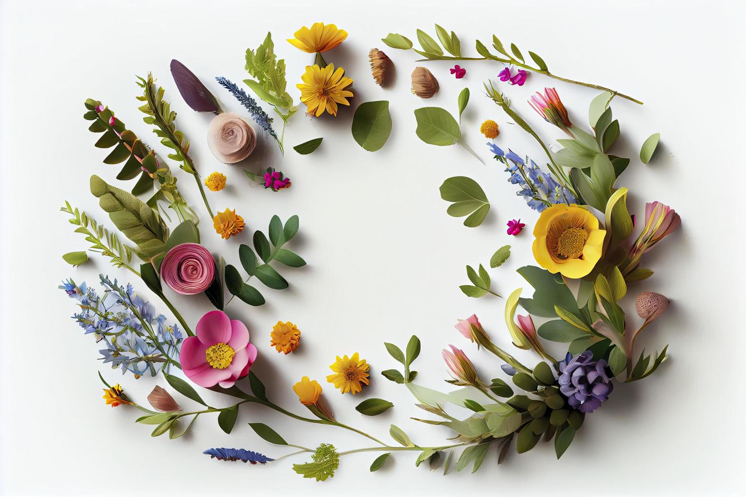 Flowers composition. Wreath made of various colorful flowers on white background photo