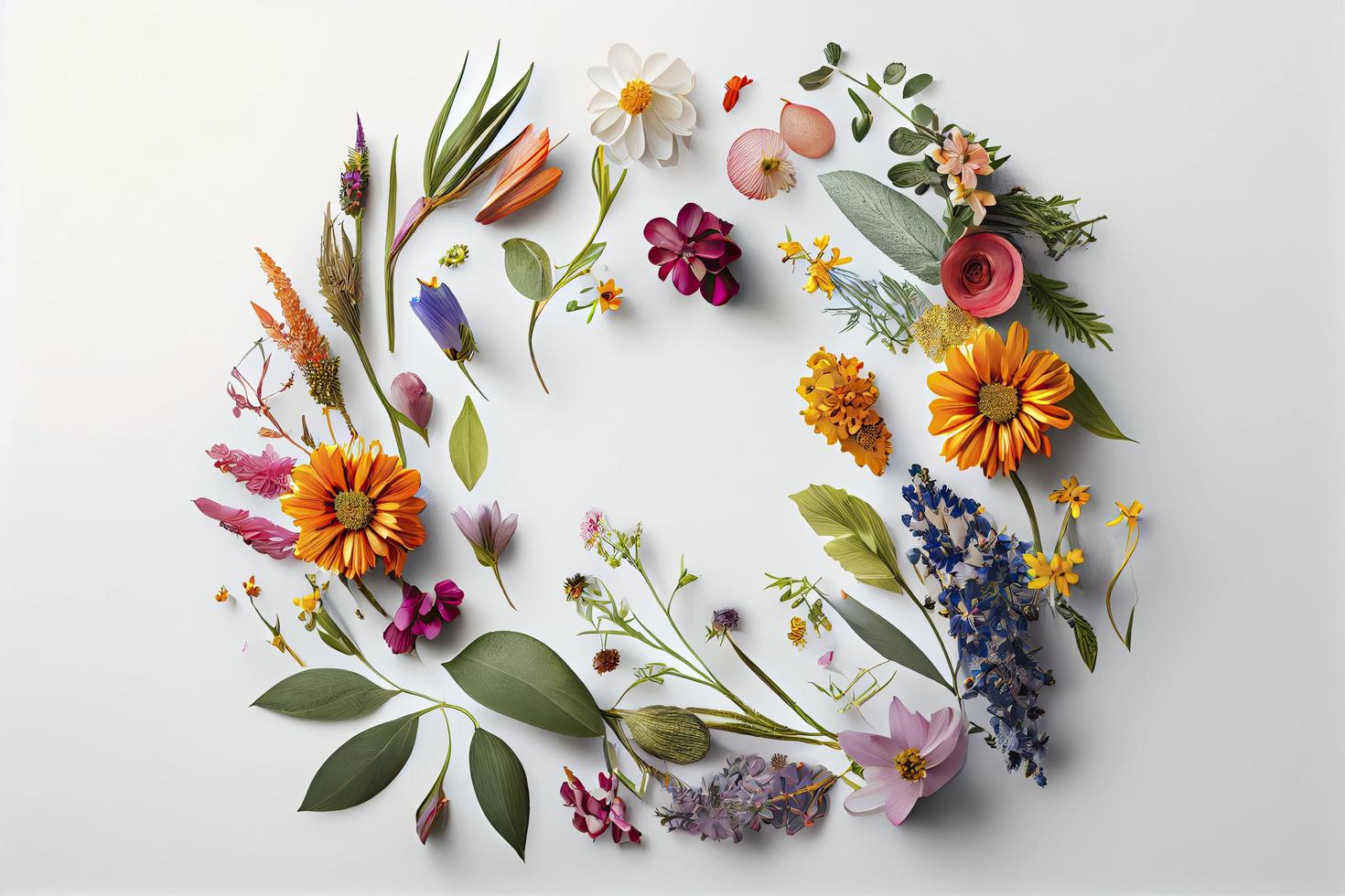 Flowers composition. Wreath made of various colorful flowers on white background photo