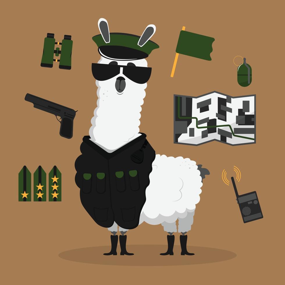 linda guardián lama dibujos animados alpaca militar mascota animal mano dibujado vector