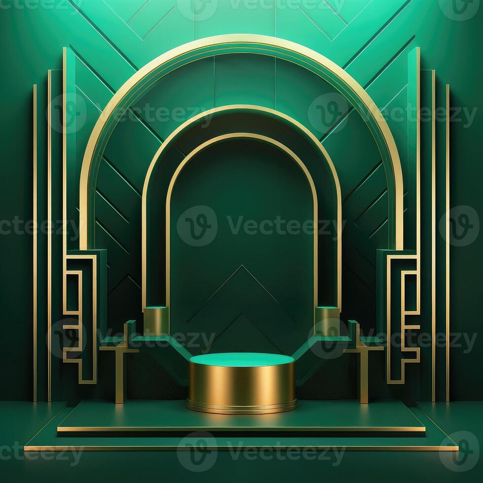 Abstract geometric shape dark green color minimalistic scene with podium, vase and gold flowers. Design for cosmetic or product identity. 3d render. Created with . photo