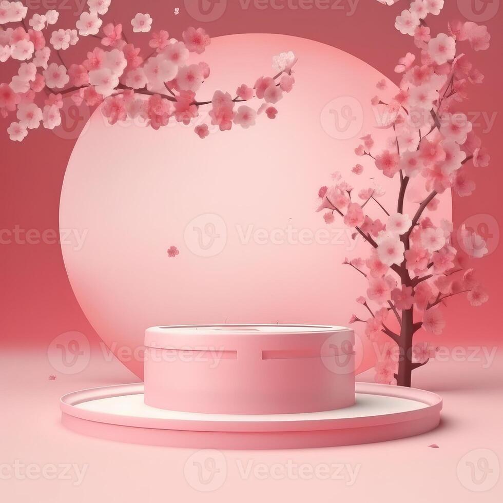 A realistic scene with a pedestal in pastel pink colors. Square platform with frosted glass and flowers in the background for product demonstration. Created with . photo