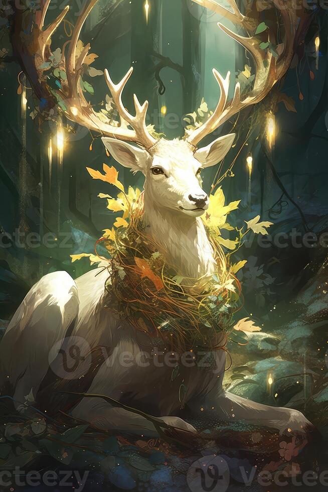 Beautiful mystery gothic woman in long white dress with deer horns in autumn forest. Dark fantasy creature elf in magic wood. Created with . photo