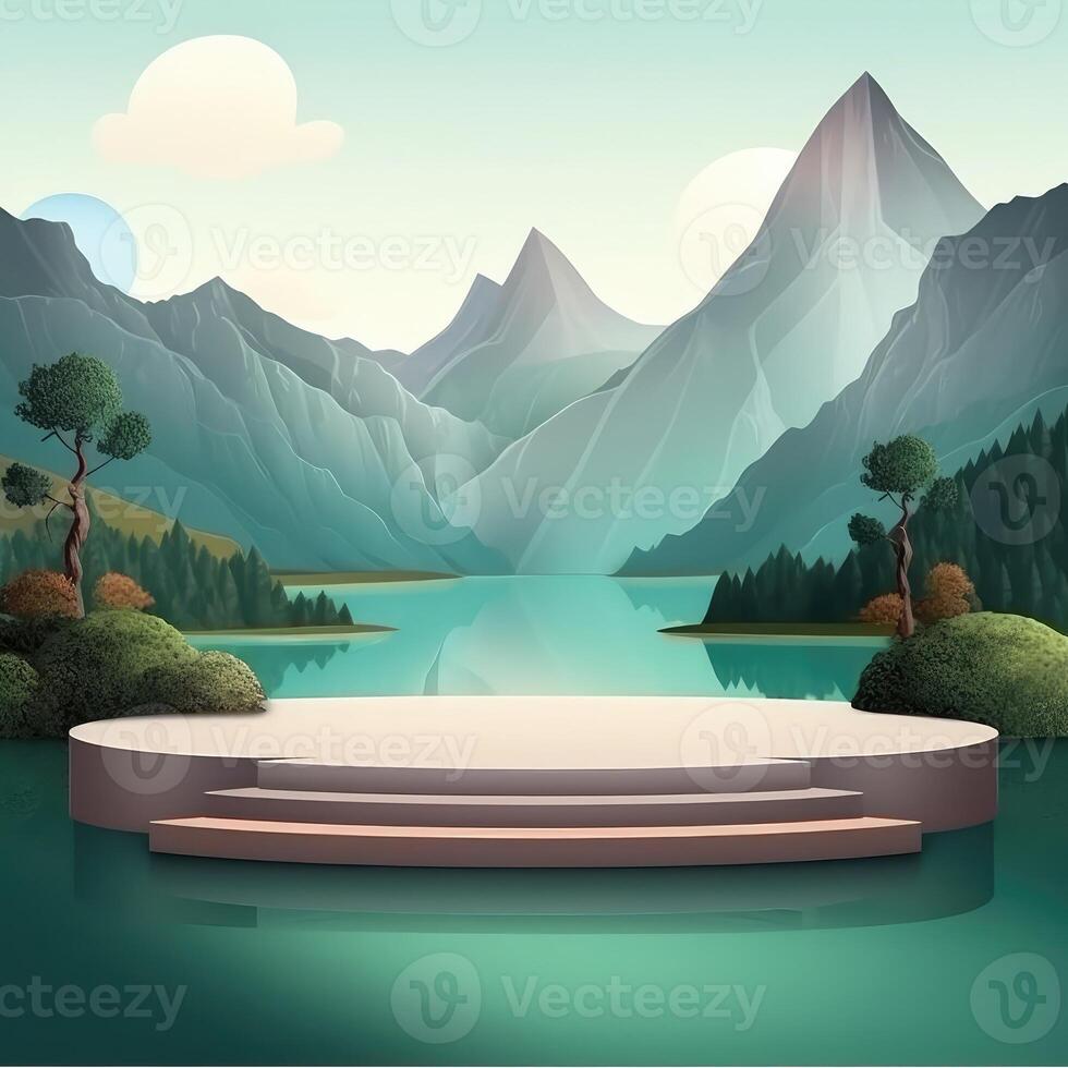 Abstact 3d render winter scene and Natural podium background, White podium on the gray cloud, backdrop ice snow mountain. Created with . photo