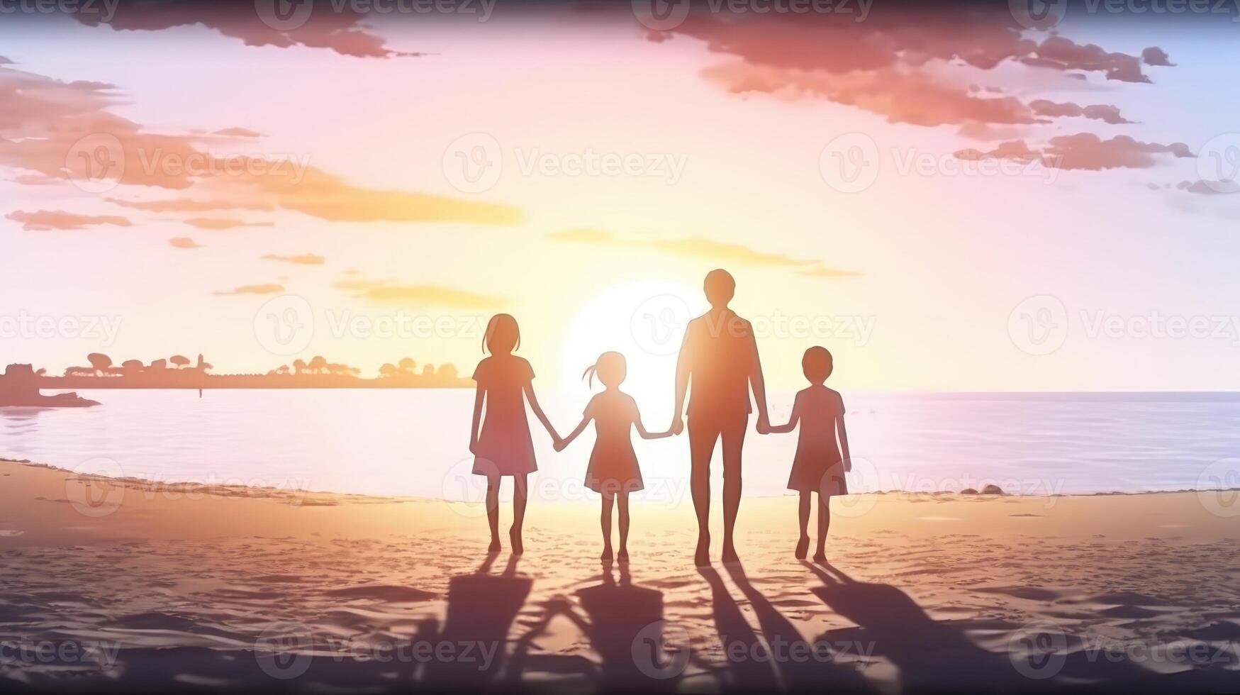 Family Vacation In Nature. Young Mom, Dad And Their Daughters And Son Meet At Sunset. Created with . photo