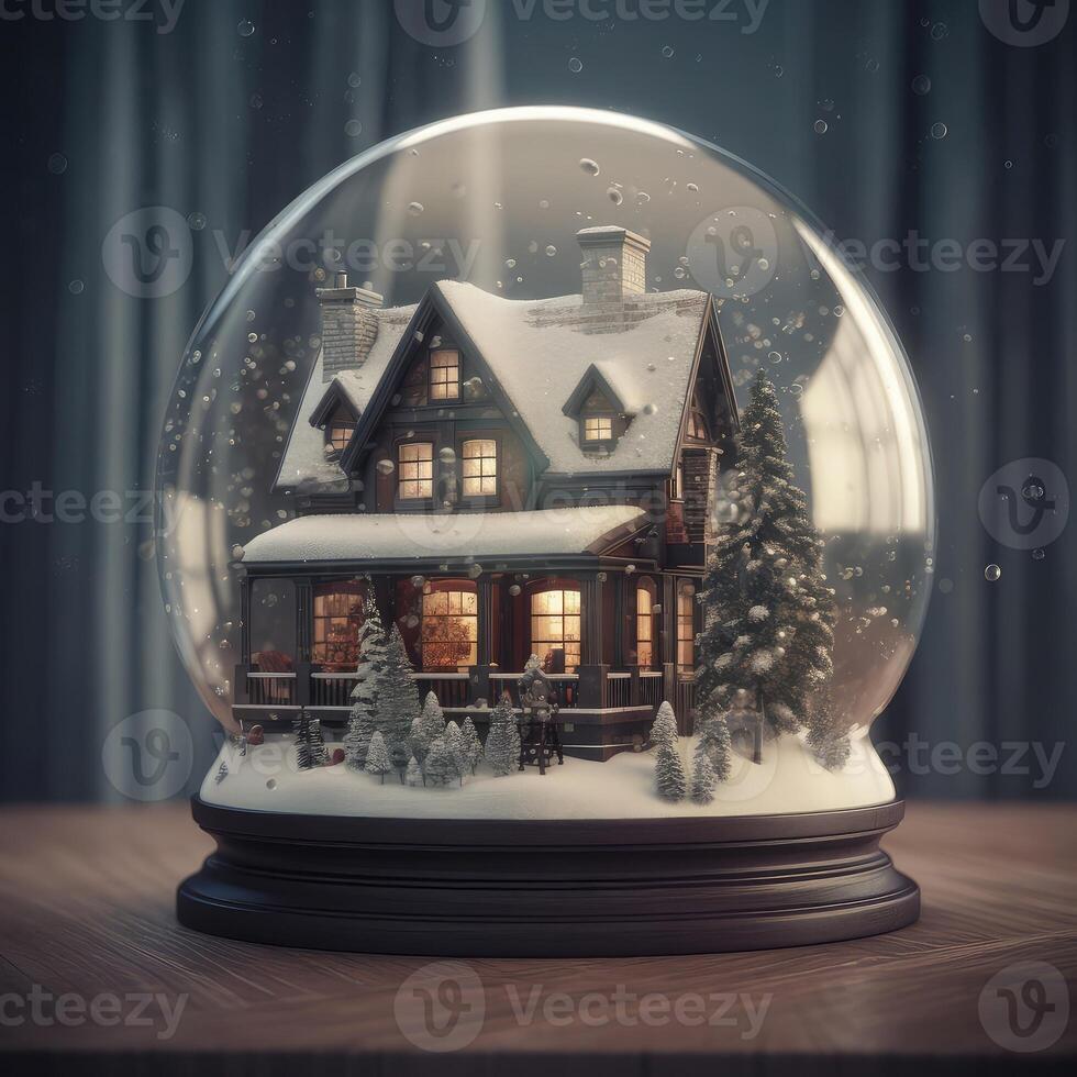 Merry christmas snow globe with a house on snowfall winter background. 3d illustration. Created with . photo