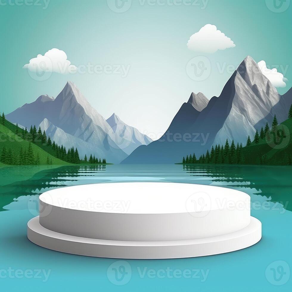 Abstact 3d render winter scene and Natural podium background, White podium on the gray cloud, backdrop ice snow mountain. Created with . photo