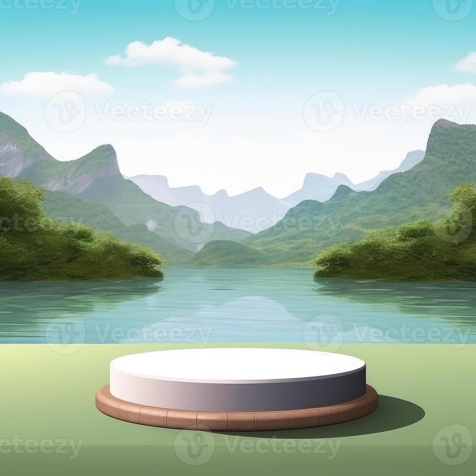 Abstact 3d render winter scene and Natural podium background, White podium on the gray cloud, backdrop ice snow mountain. Created with . photo