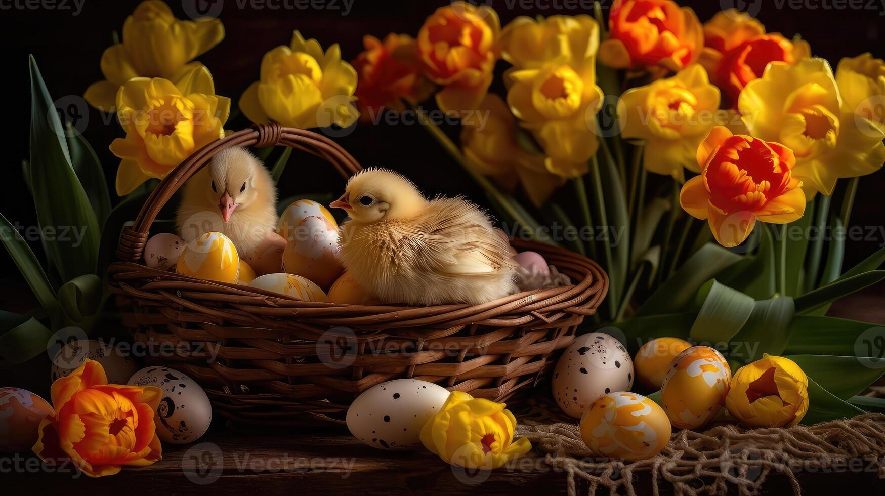 Colorful eggs and small yellow chicken. Spring Easter composition. Space for text or design. Easter card or Banner. Created with . photo