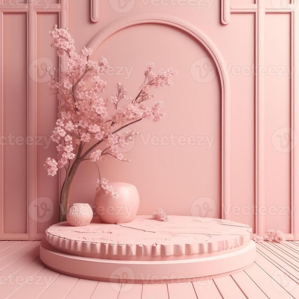 A realistic scene with a pedestal in pastel pink colors. Square platform with frosted glass and flowers in the background for product demonstration. Created with . photo