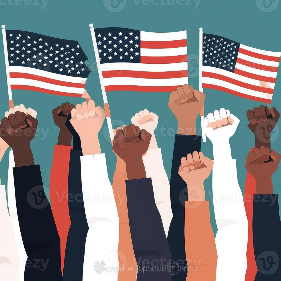 The concept of the struggle for rights and freedoms. Protest. Hands clenched into fists against the backdrop of the American flag. Flat illustration. Created with . photo