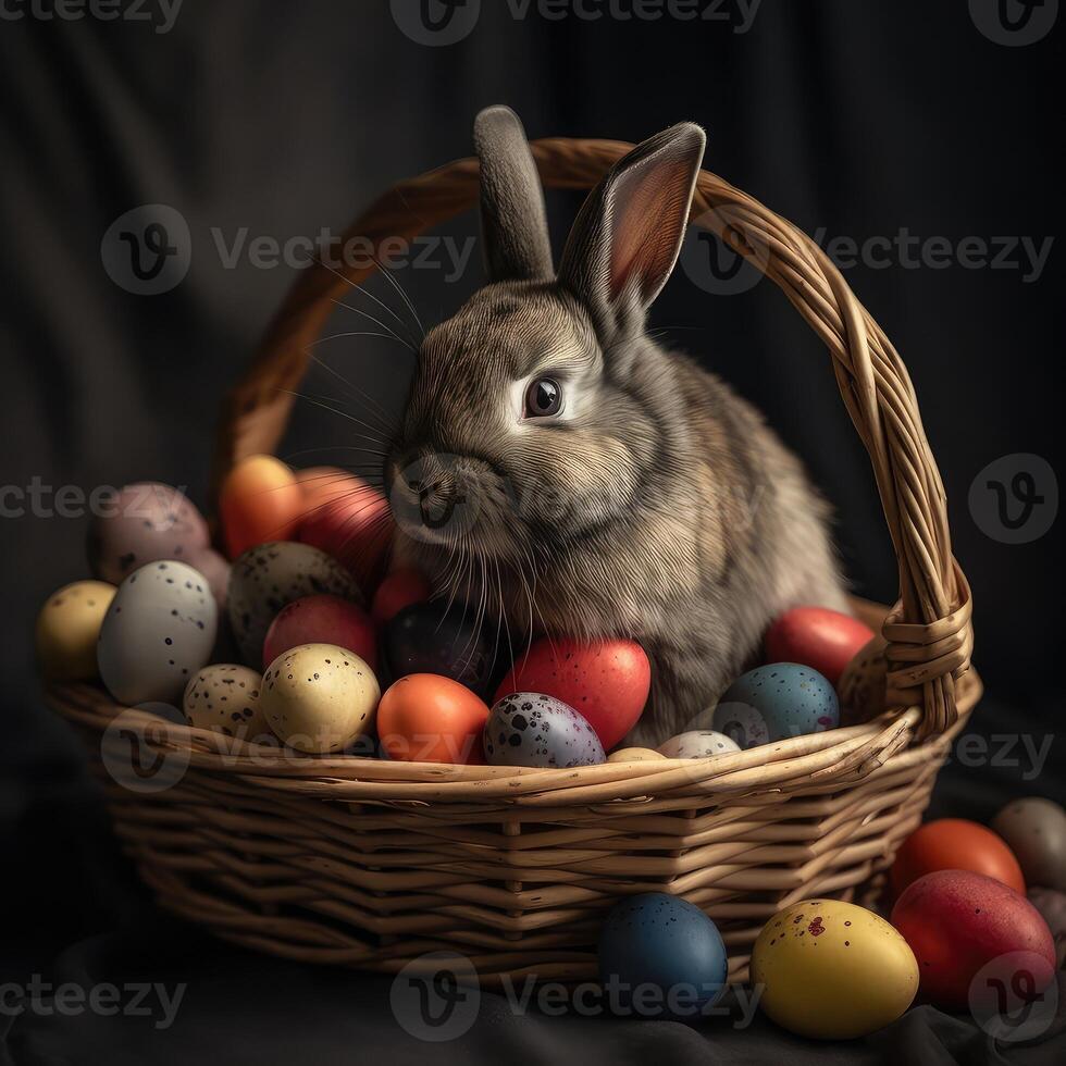 Easter cute rabbit sits with eggs on the background of spring nature. Created with . photo