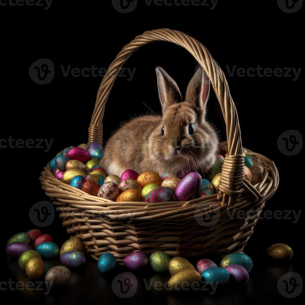 Easter cute bunny sitting with basket of colored eggs on background of spring nature. Created with . photo