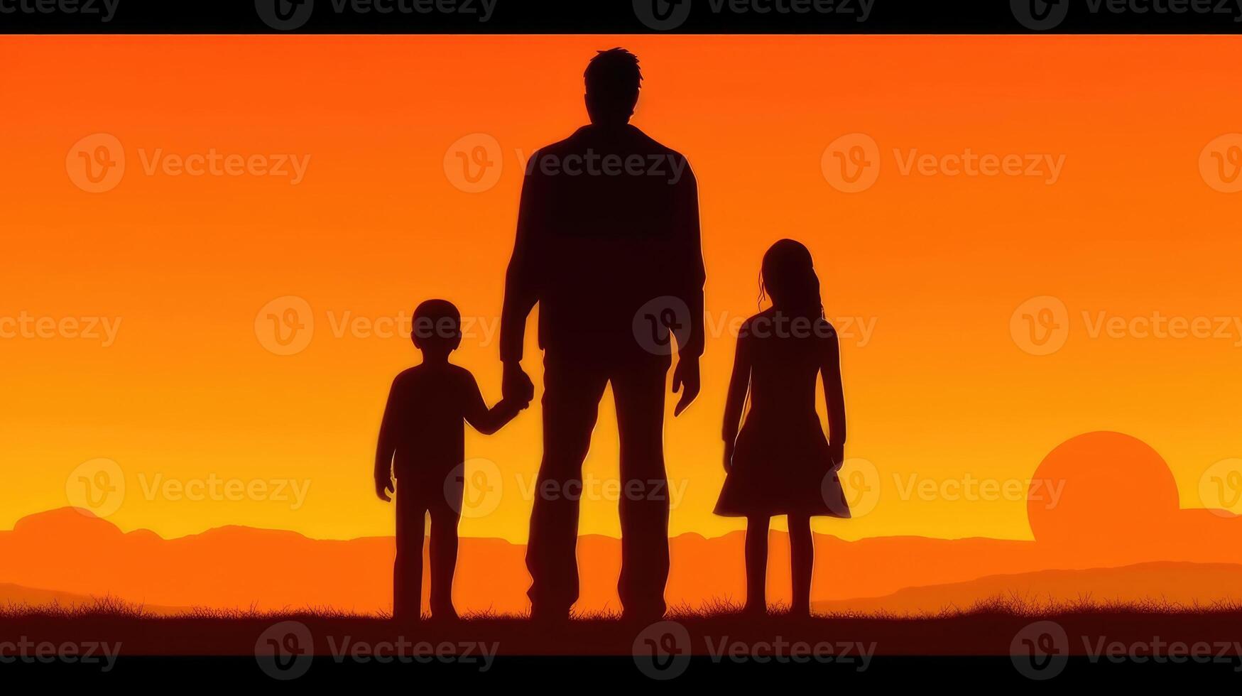 Family Vacation In Nature. Young Mom, Dad And Their Daughters And Son Meet At Sunset. Created with . photo