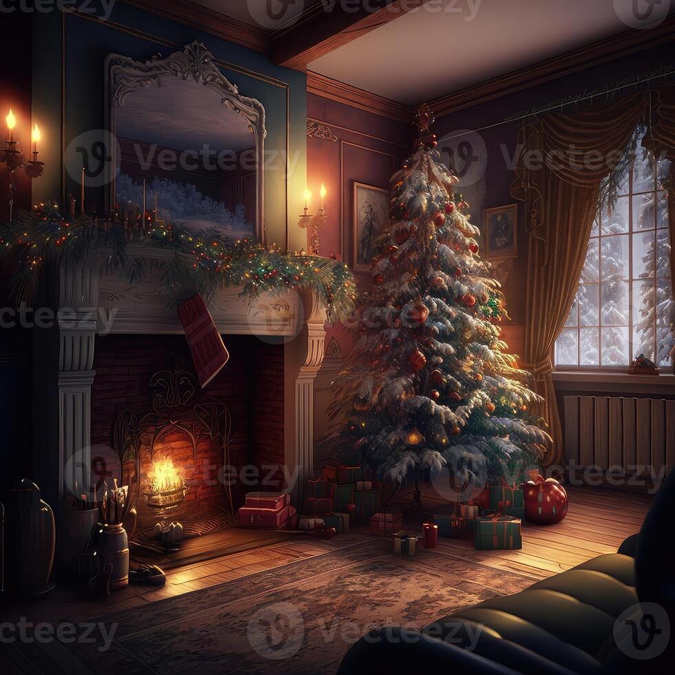 Beautiful Christmas gift boxes on floor near fir tree in room. Created with . photo