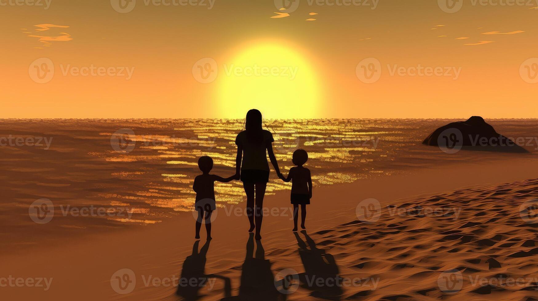 familia vacaciones en naturaleza. joven mamá, papá y su hijas y hijo reunirse a puesta de sol. creado con generativo ai. foto